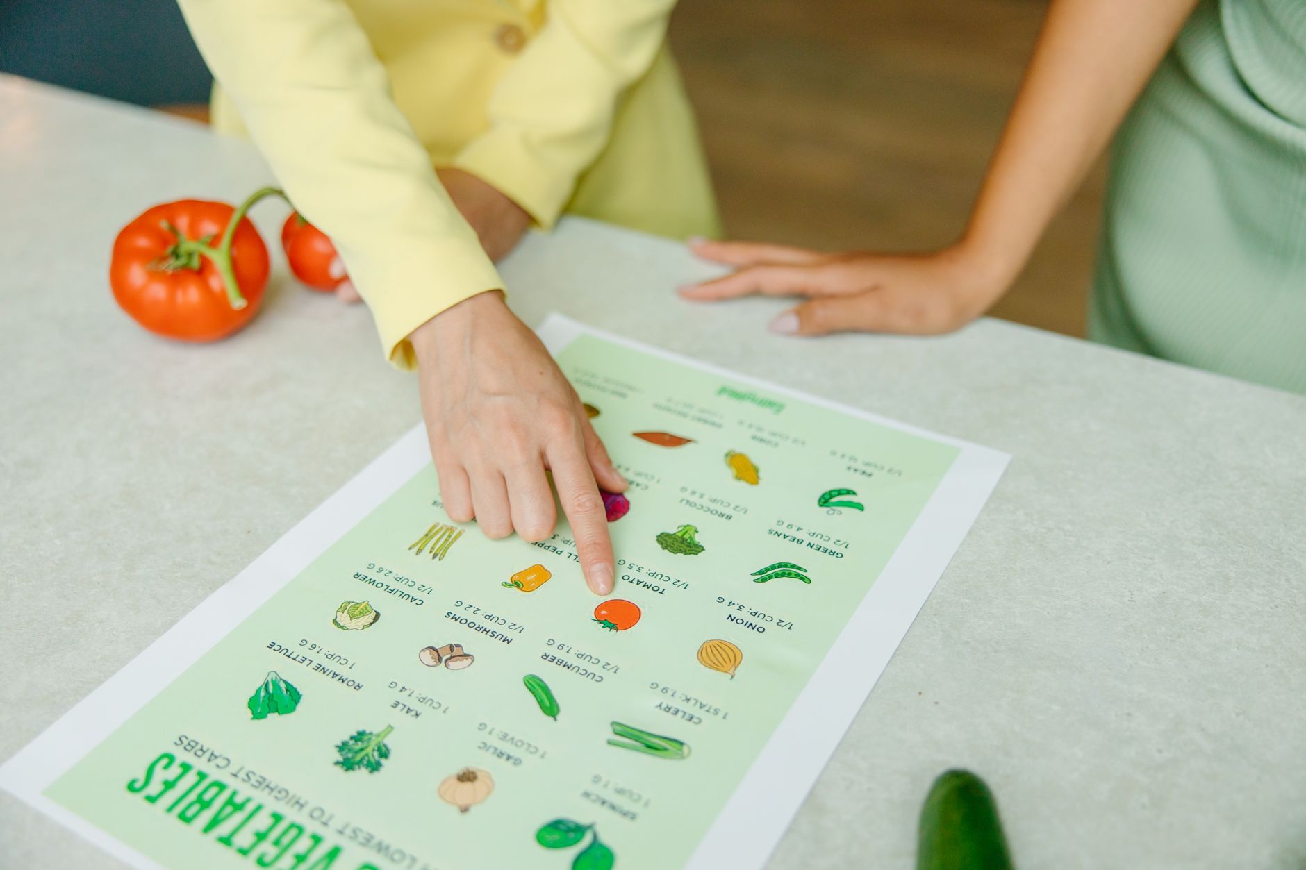 Hands pointing to a vegetable nutrition chart during a dietary consultation